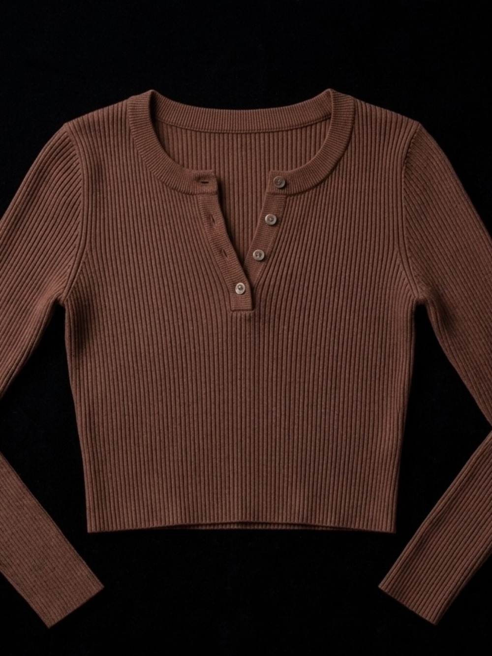 Forever 21 women’s brown ribbed long sleeve Henley top in a M - Picture 2 of 5